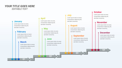Arrow Timeline Infographic Presentation Template with Twelve Months Options or Steps for One Year Forecast, Business Presentations, Finance Reports, Business Planning, and Yearly Reports.