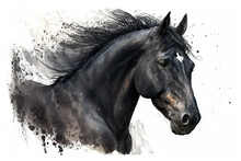 Black Horse In Aquarelle Style, Ai Generated