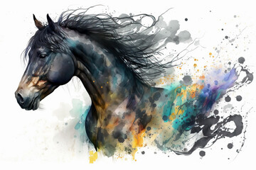 Wall Mural - black horse in aquarelle style, ai generated