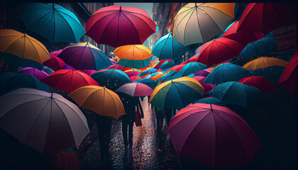 Wall Mural - colorful umbrella open in the crowded street on the street