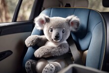 Little Baby Koala Toy In Car. Seat Belt For Kids Theme. Road, Car, Auto Safety Concept. Kids Safety. AI Image