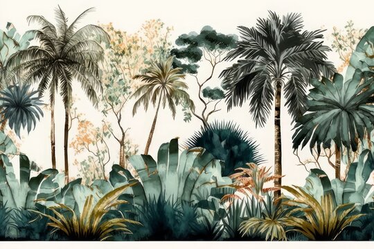 tropical plants and palm trees, for texture background photo wallpaper. wallpaper pattern painted in