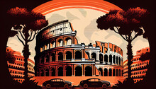 Roman Coliseum Background, Llustration Inspired By Postcards And Posters From The 70s, Roma, Italy, Orange Illustration. Design, Created With AI