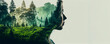 Earth day banner, profile of a woman on green forest landscape with copy space, concept of environment caring life on the planet. Generative AI illustration