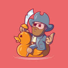 Pirate Character Riding A Yellow Rubber Duck Vector Illustration. Imagination, Funny, Story Design Concept.