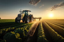 Tractor Spraying Pesticides On Soybean Field At Spring. AI Generation