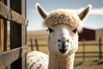 White alpaca smiling at the camera in an alpaca farm. AI Generation