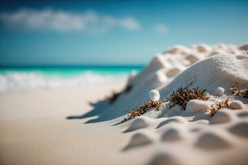 Wall Mural - Close up white beach sand with blurred sea waves and sky background. Generative AI illustration.