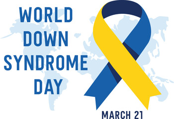 a blue and yellow ribbon with the words world down syndrome day on it.