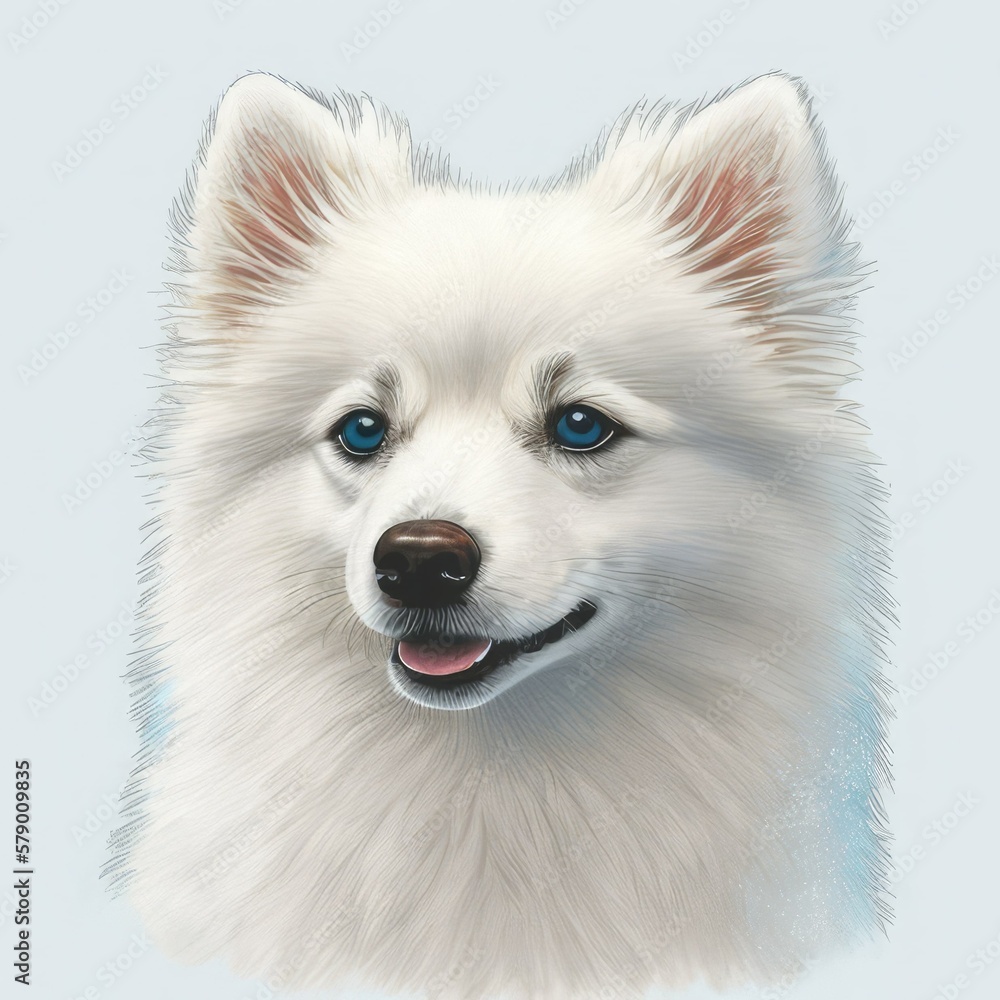 American eskimo logo. American eskimo head image in cartoon style. Generated image of a dog using artificial intelligence. Pet. Best friend. Generative AI.