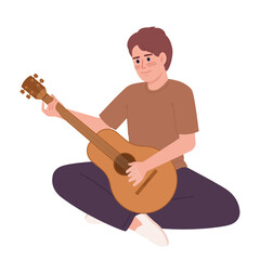 Canvas Print - Young man sitting and playing guitar semi flat color vector character. Editable figure. Full body person on white. Simple cartoon style spot illustration for web graphic design and animation