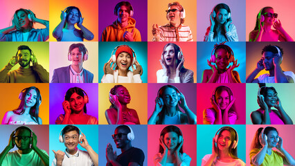 Wall Mural - Emotions and facial expressions. Collage of ethnically diverse people expressing different emotions over multicolored background in neon light.