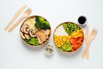 Wall Mural - Bowls with tasty and nutritious food, top view