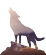 Silhouette eines heulenden Wolfs mit Landschaft im Hintergrund
