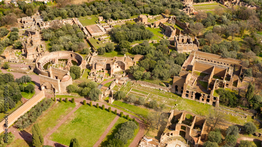 Aerial view of Hadrian's Villa at Tivoli, near Rome, Italy. Villa ...