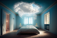 Bedroom In Dreamy Style With Open Ceiling Meeting The Sky And Clouds Sagging Into The Room. AI Generated Image