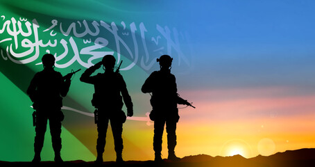 SIlhouettes of a soldiers against the sunset sky and Saudi Arabia flag. Concept - Armed Force of Saudi Arabia. National Holidays background. EPS10 vector