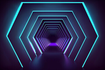Wall Mural - Blue neon lighting tunnel, AI generated
