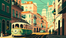  Illustration Inspired By Postcards And Posters From The 70s, Lisbon , Typical Street With A Mythical Trolley Car. Portugal. Europe, Background 