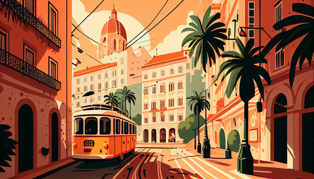 illustration inspired by postcards and posters from the 70s, lisbon , typical street with a mythical