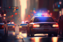 Police Car With Blue And Red Lights. Night Street Scene. Generative AI