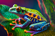 Colorful exotic frog on tropical leaves. Close up view. Generative Ai