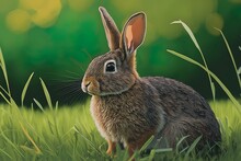 Eastern Cottontail Rabbit In A Grassy Field, Captured With A Shallow Depth Of Field Lens. Generative AI