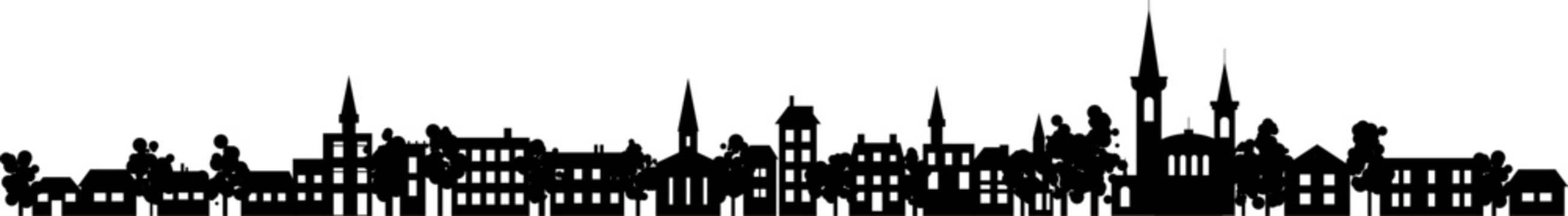 old historic town silhouette skyline. vector abstact flat row of houses, churches, buildings with tr