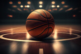 Fototapeta Sport - Basketball ball in front of big modern basketball arena. Generative ai.