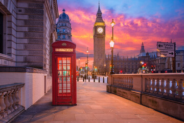 Big Ben and Houses of Parliament in London, UK. Colorful sunrise