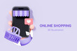 3D Online Shopping concept. Hand holding mobile phone with basket and like heart. E-commerce web banner. Smartphone with sale in store. Cartoon creative design illustration on purple. 3D Rendering