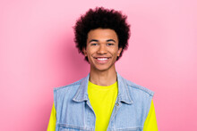 Portrait Of Positive Friendly Person Toothy Smile Good Mood Nice Hairstyle Isolated On Pink Color Background