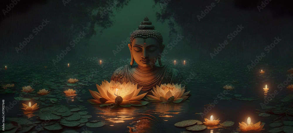 Buddha statue with a lotus flowers and burning candles floating on the ...