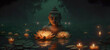 Buddha statue with a lotus flowers and burning candles floating on the water. Banner. Generative Ai.