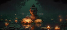 Buddha Statue With A Lotus Flowers And Burning Candles Floating On The Water. Banner. Generative Ai.