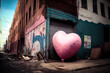 A cute little pink love heart balloon in a landfill, a dirty ghetto street littered with trash and debris. Illustration, Generative AI.