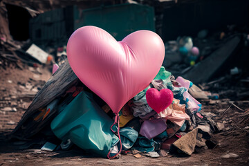 A cute little pink love heart balloon in a landfill, a dirty ghetto street littered with trash and debris. Illustration, Generative AI.