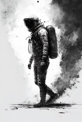 Wall Mural - Astronaut in spacesuit, astronaut walking on an unexplored planet, black and white watercolor illustration isolated on white, generative ai