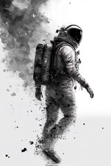 Wall Mural - Astronaut in spacesuit, astronaut walking on an unexplored planet, black and white watercolor illustration isolated on white, generative ai