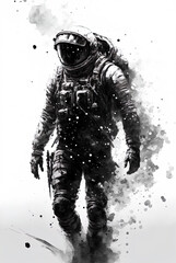 Wall Mural - Astronaut in spacesuit, astronaut walking on an unexplored planet, black and white watercolor illustration isolated on white, generative ai