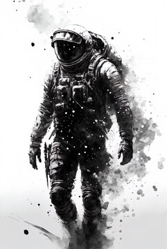 Astronaut in spacesuit, astronaut walking on an unexplored planet, black and white watercolor illustration isolated on white, generative ai