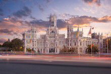 Madrid Spain, Sunrise City Skyline At Cibeles Fountain Town Square