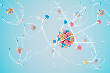 3D rendering of an atom model with shiny particles orbiting around the nucleus