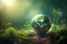 Green Planet Earth On The Ground. Blurred Background. Environmental Concept. Generative AI