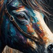 Oil horse portrait painting in multicolored tones. Closeup of a painting by oil and palette knife on canvas with a mane face head brown saddled up watercolor vintage reins mosaic Generative AI 