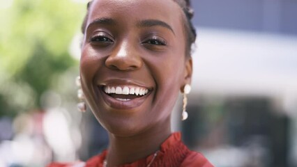 Poster - Black woman face, smile and closeup of a young person from Nigeria with happiness outdoor. Portrait, happy and relax African female feeling freedom from holiday in summer with blurred background