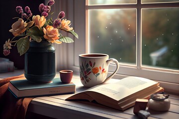 A Cup Of Coffee And A Book On A Window Sill With A Window Sill In The Background And A Vase With Flowers In The Foreground. Generative AI