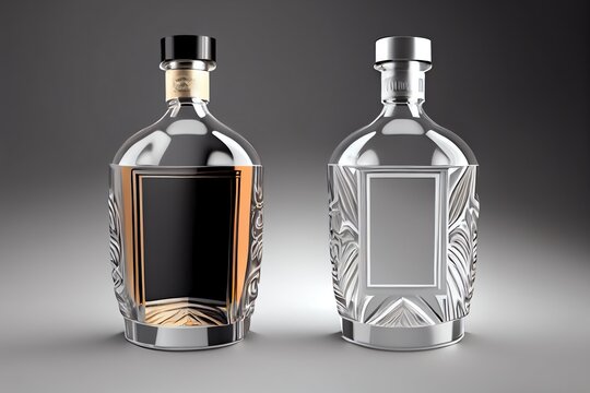3d Glass Bottle For Vodka, Gin, Whiskey Drink With A Volume Of 500ml. Mock Up Of Empty Bottle Open And Closed With A Lid On A Isolated Background. 3d Rendering Illustration. Generative AI