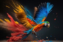 Flying Multicolored Macaw Parrot Over Colorful Powder Explosion On Black Background. Generative Ai