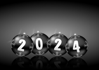 Aufkleber - New year 2024 illustration with Christmas baubles on black background. Greeting card with empty copy space for your text